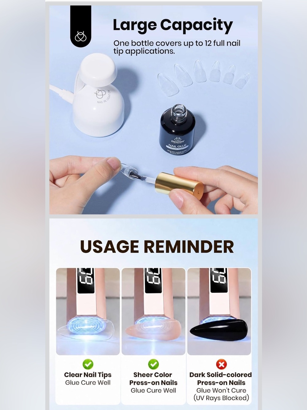 Beetles Kit w/ UV/LED Lamp, 504 Squoval Nail Tips, 9-in-1 Gel Glue & USB Cable - Picture 3 of 4
